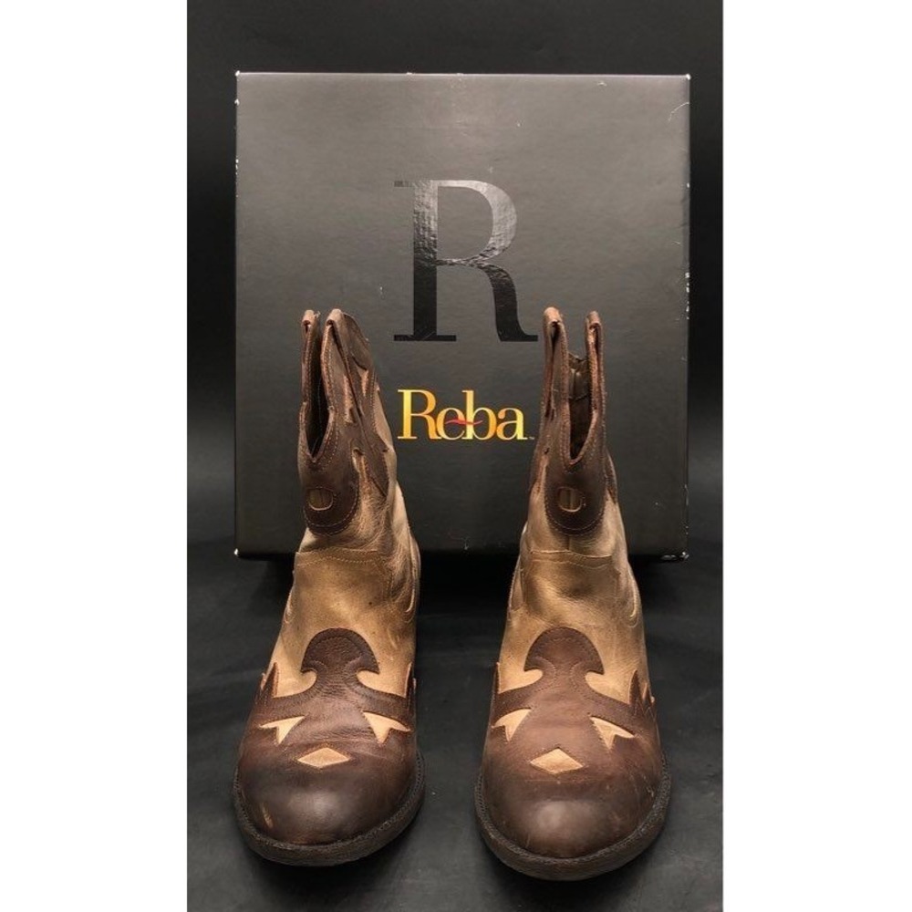 Reba Women 10 Brown Two‑Tone Leather Western Cowboy Ankle Boots Distressed